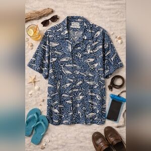 Columbia Vtg Button Up Fish Pattern S Sleeve Linen/rayon Camp Shirt. Mens Large